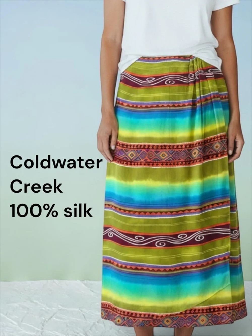 Coldwater Creek 100% Silk Wrap Skirt Boho Striped Midi Maxi Colorful Size M